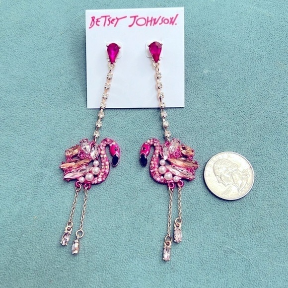 Betsey Johnson Pink Flamingo Rhinestone Dangle Earrings NEW - Picture 4 of 7